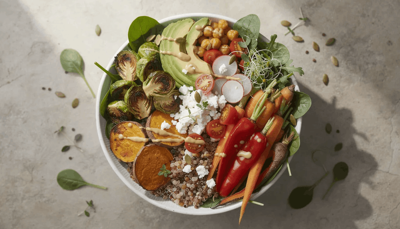 a bowl of various veggies and grains for a lunch meal.