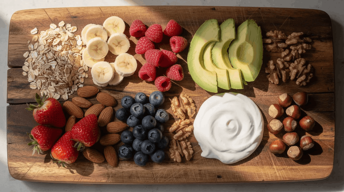 The image features a vibrant breakfast plate with a serving of oatmeal, perfectly cooked eggs, and an assortment of fresh fruits, all arranged on a rustic wooden table.
