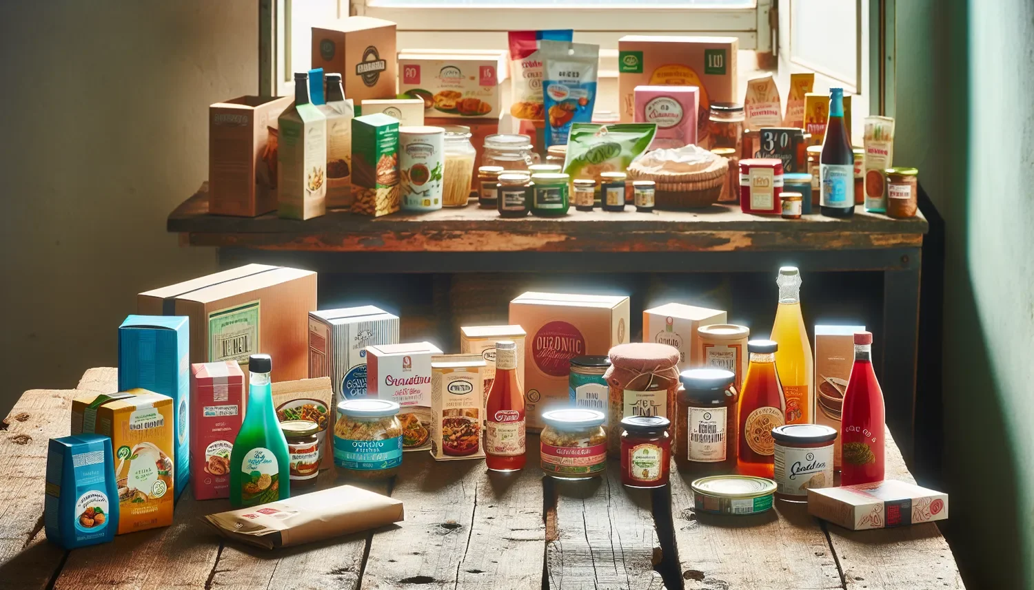 a display of pantry items on a wood table in a kitchen