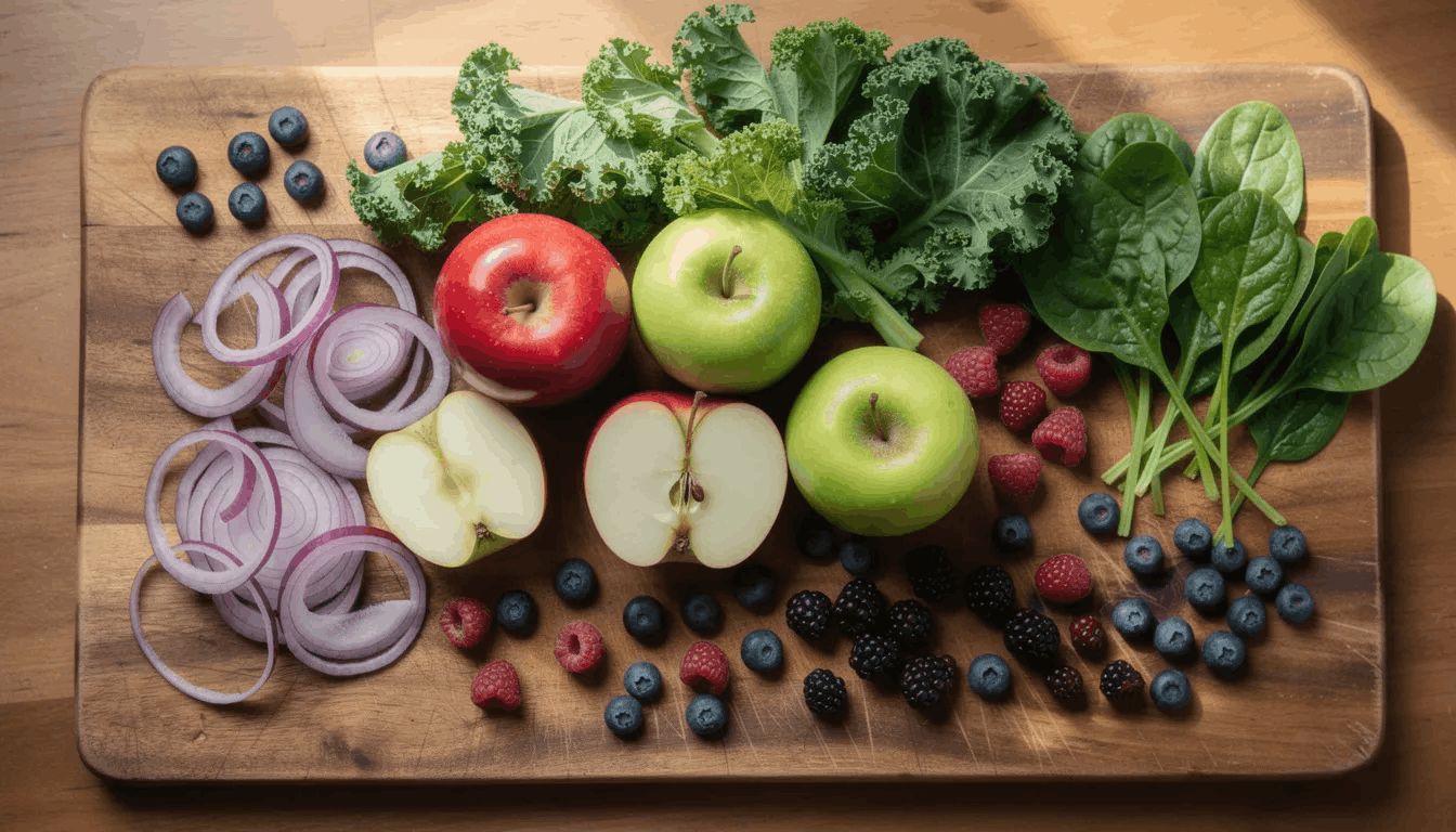 image of quercetin foods; onions, apples, assorted berries.