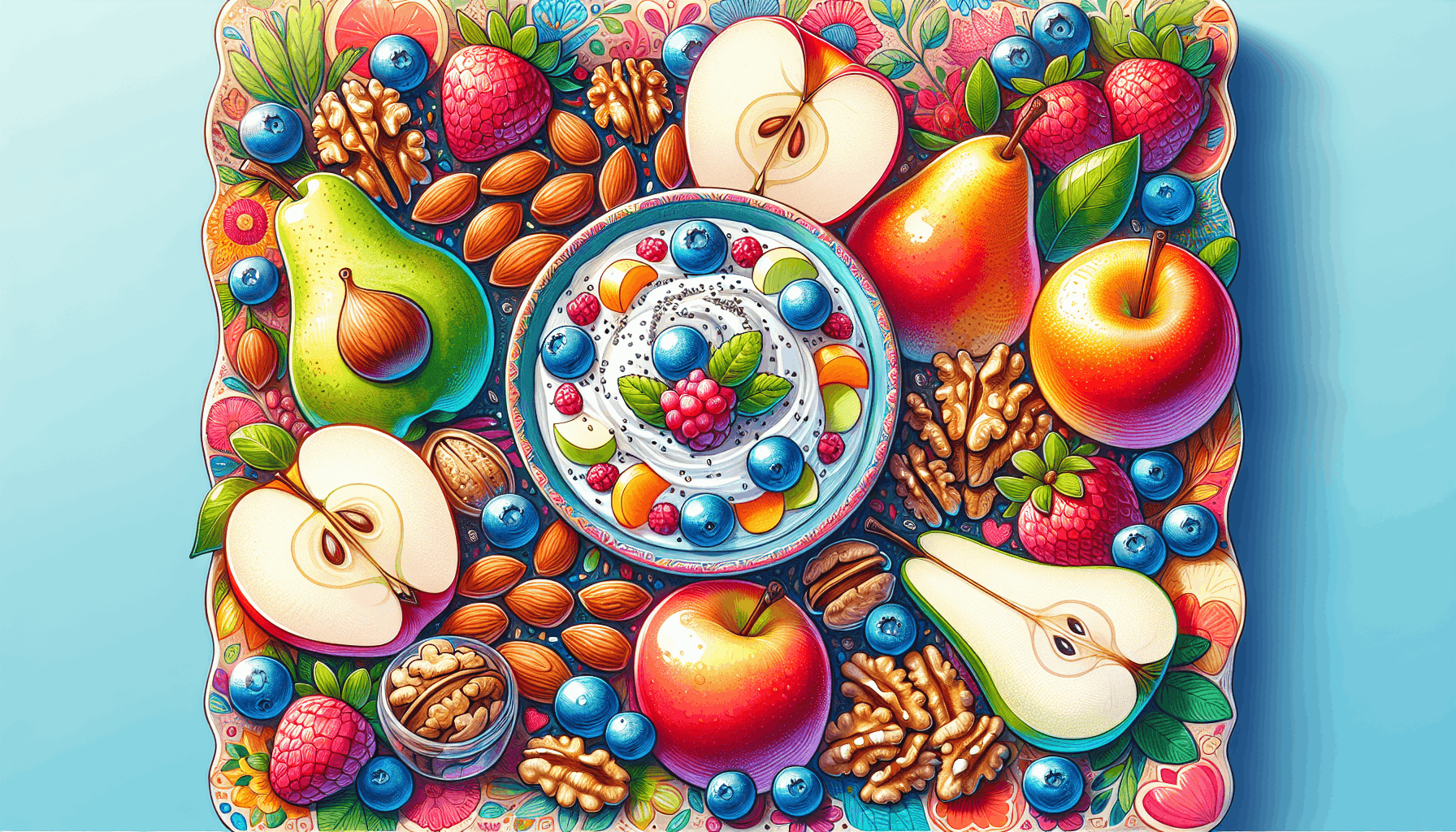 stylized display of fruits, nuts, and berries.