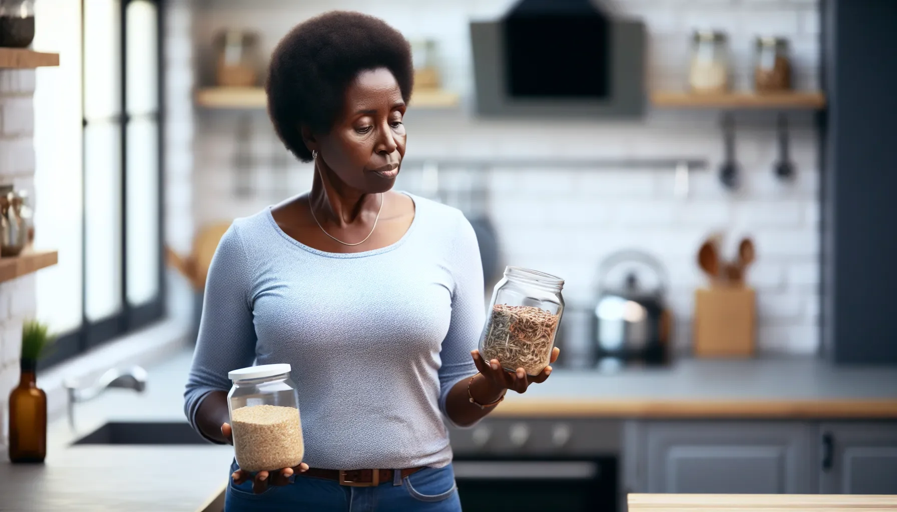 stylized image of a woman in a kitchen look at jars of food.