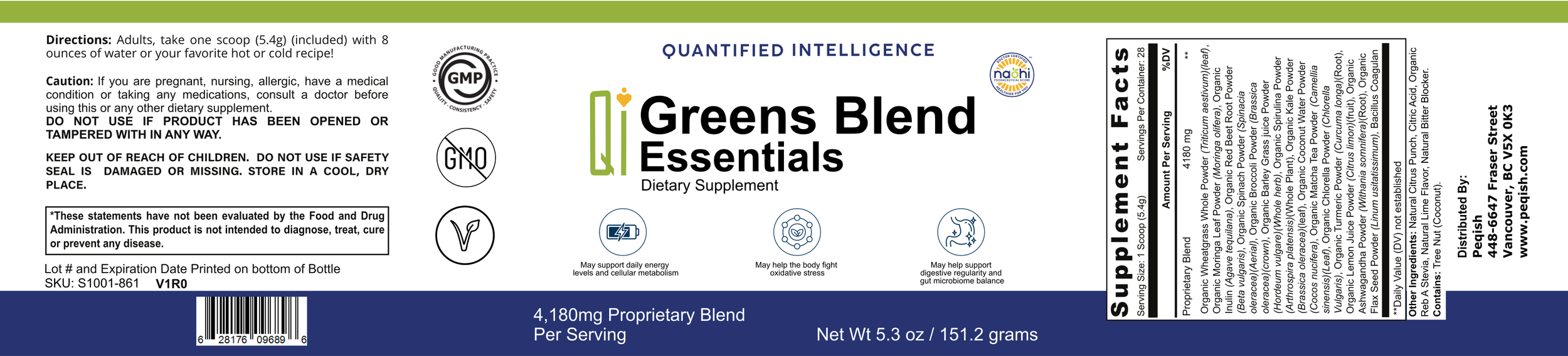 full label for QI Greens Blend Essentials
