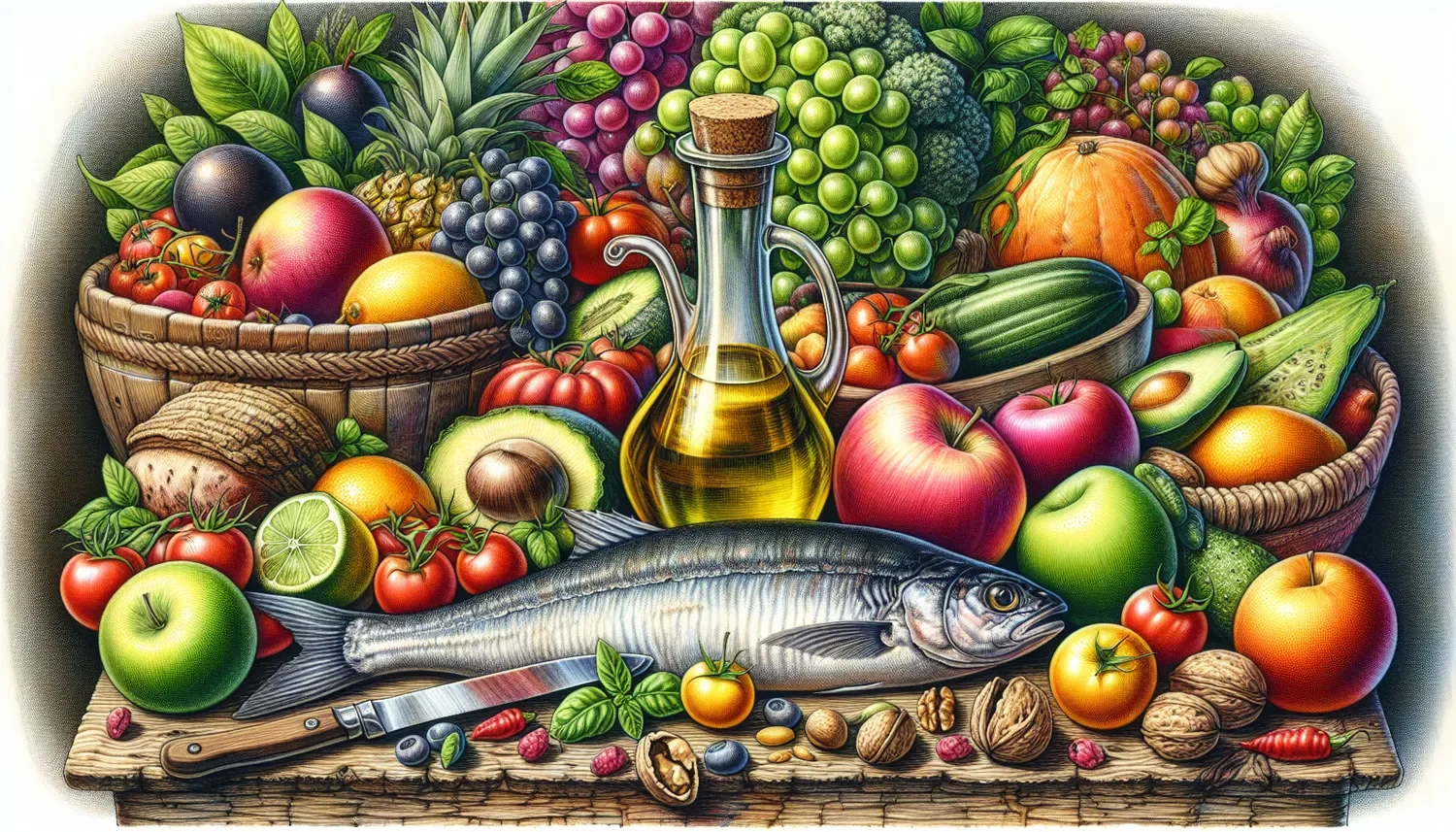stylized display of food.  Fish center with oils, vegetables, nuts and fruits