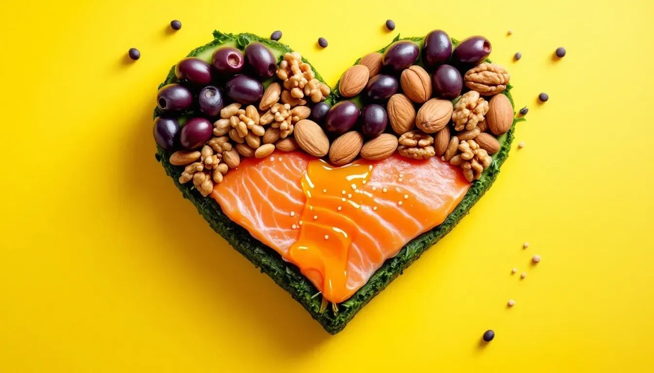healthy fats in a heart shape. salmon olive oil nuts olives