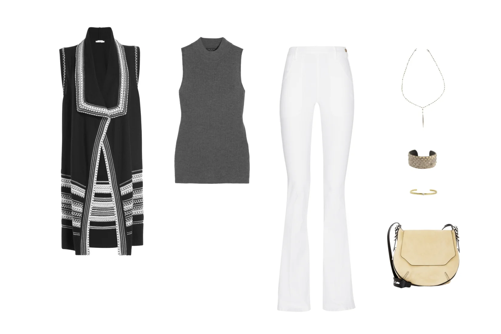 Vince Textured Vest, Rag & Bone Alanna Top, Frame Denim Le Flare de Françoise, Chan Luu Pendant, CLP Snakeskin Cuff, Bauxo Brass Cuff and Rag & Bone Bradbury Cross-body Bag