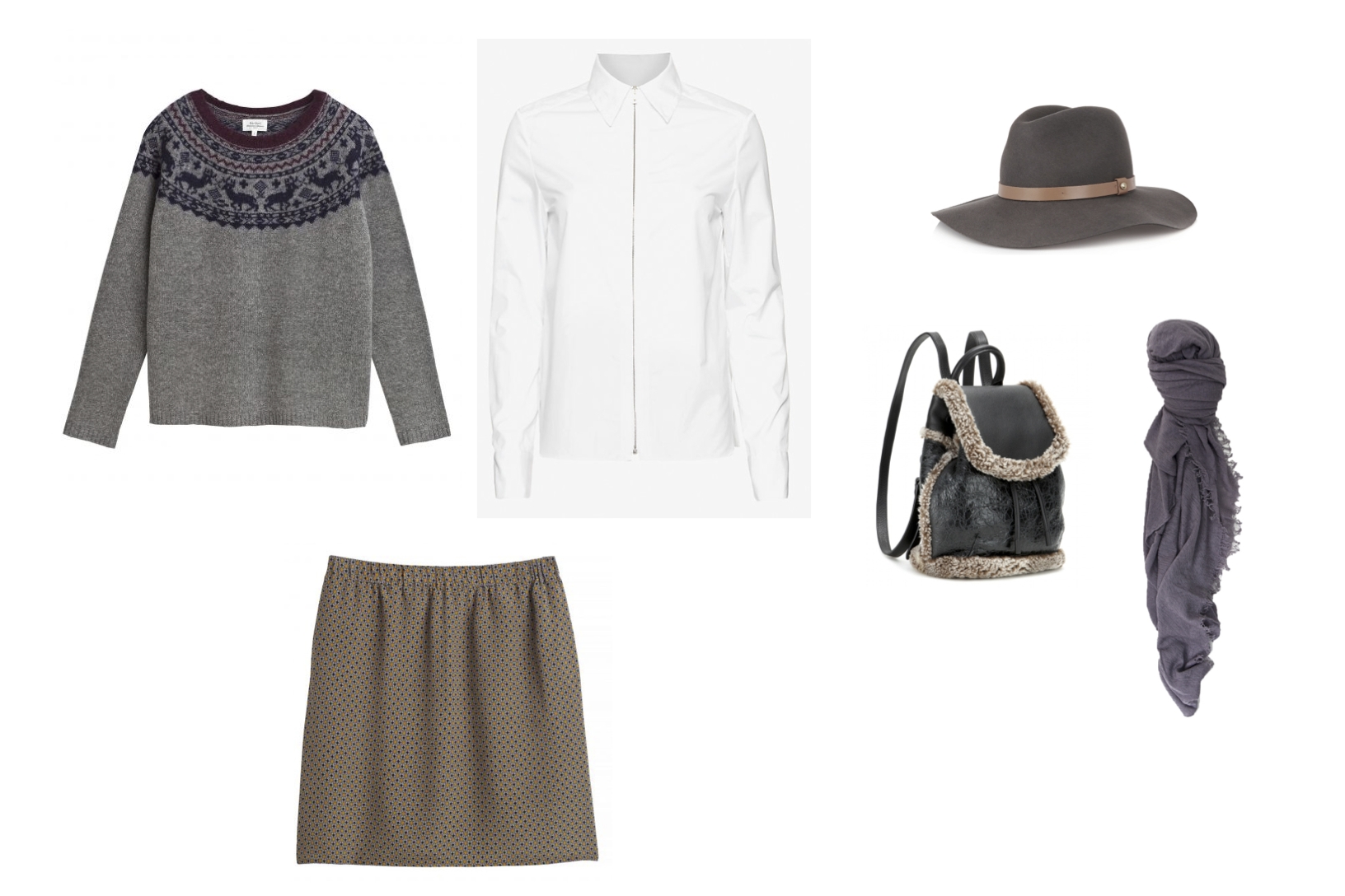 Hartford Meribel Sweater, Rag & Bone Frances Shirt, Hartford Jani Skirt, Rag & Bone Wide Brim Fedora and Mini Pilot Shearling Backpack, Grisal Scarf