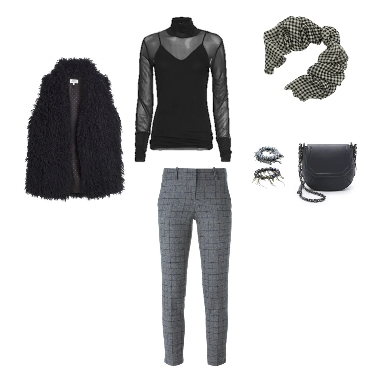 From L to R: Hartford France Versus Faux Fur Vest, Rag & Bone Ellen Double Layer Turtleneck, Theory Flannel Treeca Pant, Max Mara Marte Check Scarf, Samira 13 Pearl and Chain Bracelets, Rag & Bone Bradbury Mini Chain Cross-Body