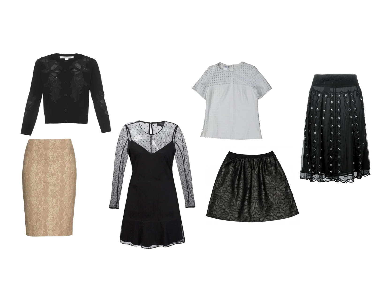 From L to R: Max Mara "Zanzara" skirt, DVF "Cooper" cardigan, Rag & Bone "Charlotte" dress, RED Valentino eyelet skirt, Les Copains vegan leather lace skrit, Akris Punto eyelet top.