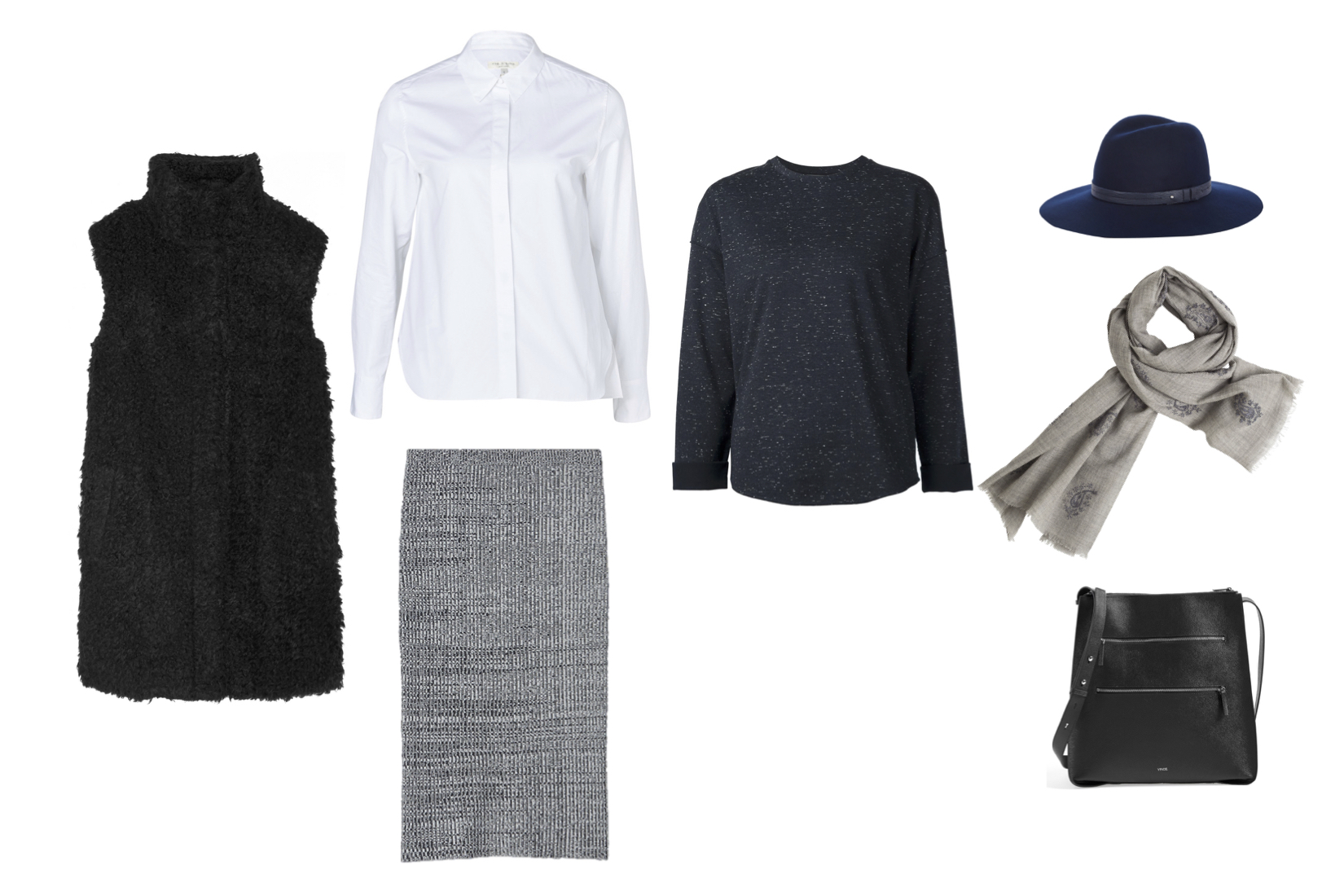 Theory "Visterna" faux shearling vest, Rag & Bone "Faye" shirt, Theory "Nellida" rib skirt, Vince zip back sweatshirt, Rag & Bone wide brim fedora, Hartford scarf and Vince "Zip Line" bags.