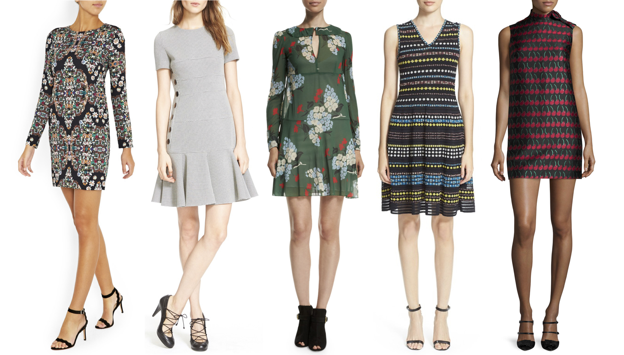 From L to R: Nicole Miller "Mercedes" dress, Akris Punto knit herringbone dress, Red Valentino floral chiffon dress, M Missoni jewel print dress, Red Valentino cherry print jacquard dress.