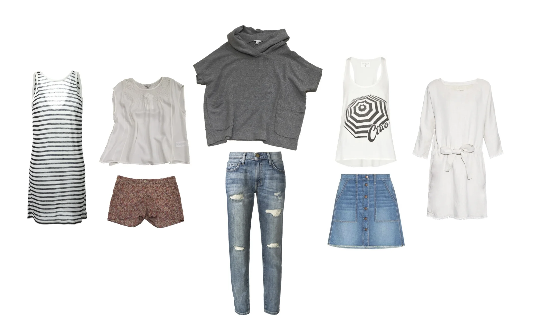 From L to R: T by Alexander Wang reversible jersey dress, Joie "Knapp" silk blouse, Hartford Liberty print shorts, James Perse mesh hooded pull-over, AG Jeans, Sol Angeles "Ciao" tank, Current/Elliott "Navy" skirt and "The Cinched" dress.
