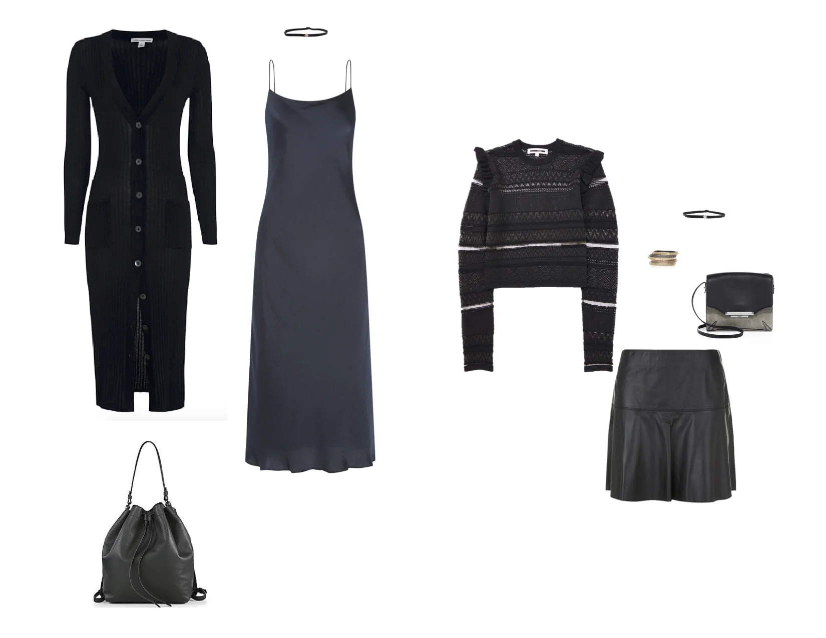 From L to R: Cotton by Autumn Cashmere maxi cardigan, Vince convertible backpack, Shay 18k rose gold and diamond choker, Vince silk slip dress, McQ knit pullover, Vince leather skirt, Rene Escobar 18k gold, oxidized silver and diamond bangles, Shay 18k white gold and diamond choker and Rag & Bone moto cross-body.