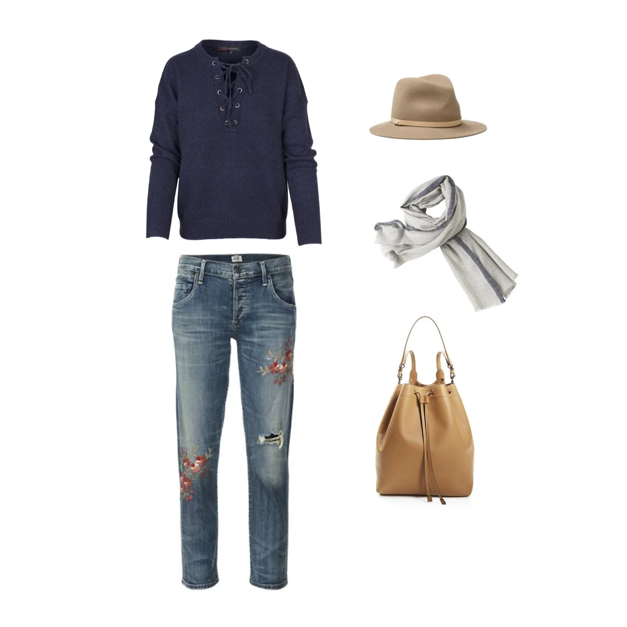 From L to R: 360 Cashmere "Dylan" lace-up sweater, Citizens of Humanity "Emerson" embroidered boyfriend jean, Rag & Bone floppy brim fedora, Hartford scarf & Vince leather backpack.