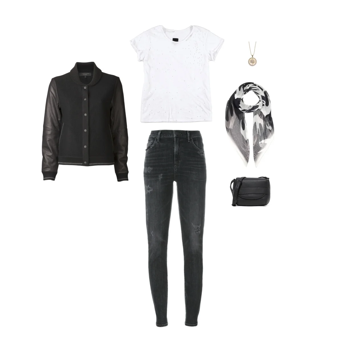 From L to R: Rag & Bone "Camden" jacket. RtA "Jewel" tee, Citizens of Humanity "Rocket" high-rise skinny jeans, Anzie medallion, McQ cotton scarf & Vince "Park Collection" small cross-body.
