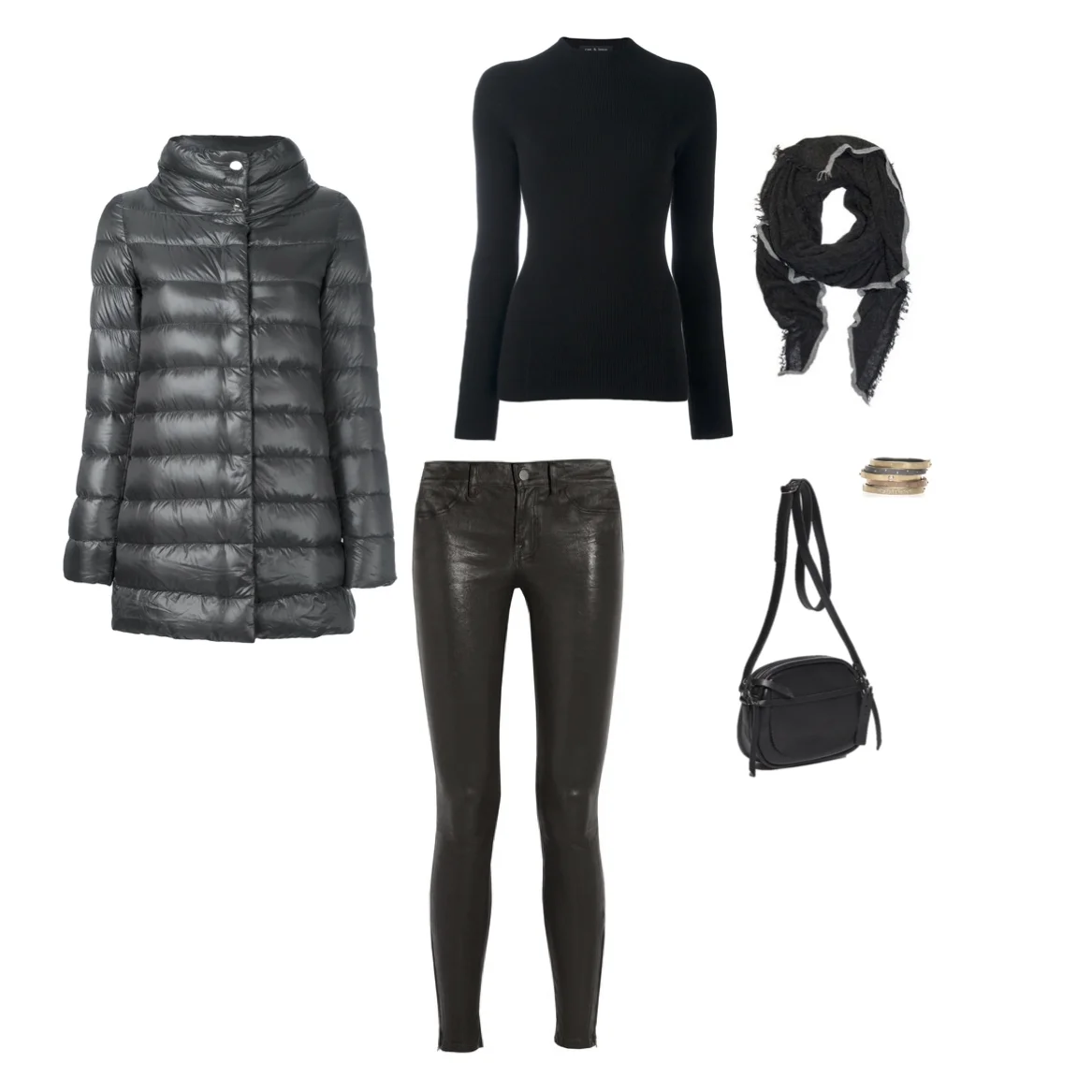 Herno 3/4 quilted jacket, J Brand leather jean with ankle zip, Rag & Bone "Natasha" cashmere sweater, Grisal scarf, Rene Escobar 18k gold and sterling silver bangles with diamonds, Jack Gomme "Anna" shoulder bag.
