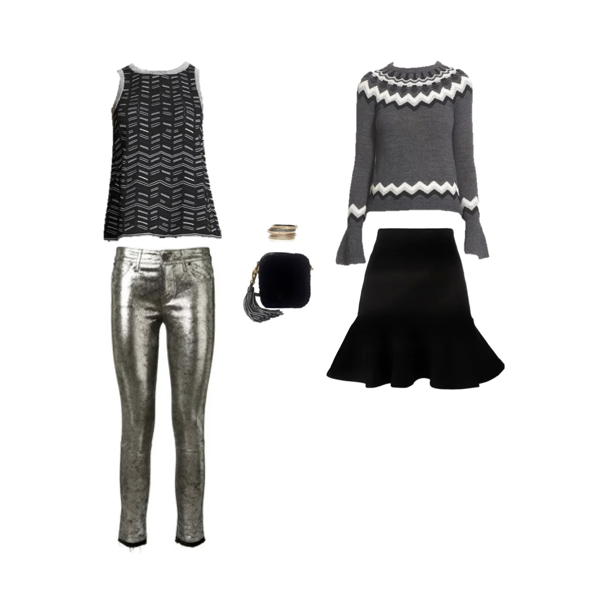 From L to R: M Missoni broken zig-zag top, rTa silver leather jeans, Rene Escobar 18k gold, sterling silver and diamond bangles, Red Valentino Fair Isle sweater & McQ skirt.