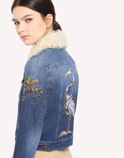 RED VALENTINO DENIM JACKET WITH ENCHANTING REPTILE AND BIRD EMBROIDERY