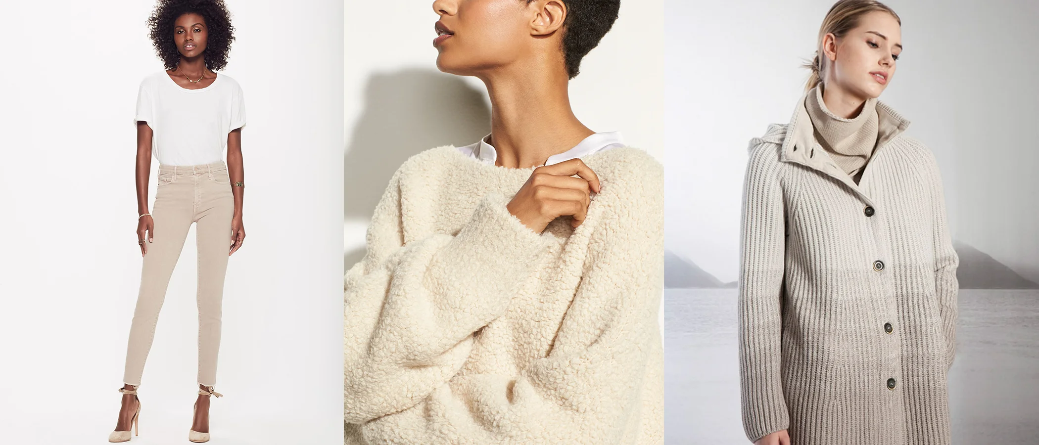 (L to R: Mother Skinny Jeans, Vince. Cropped Sweater, Tonet Knit Coat)