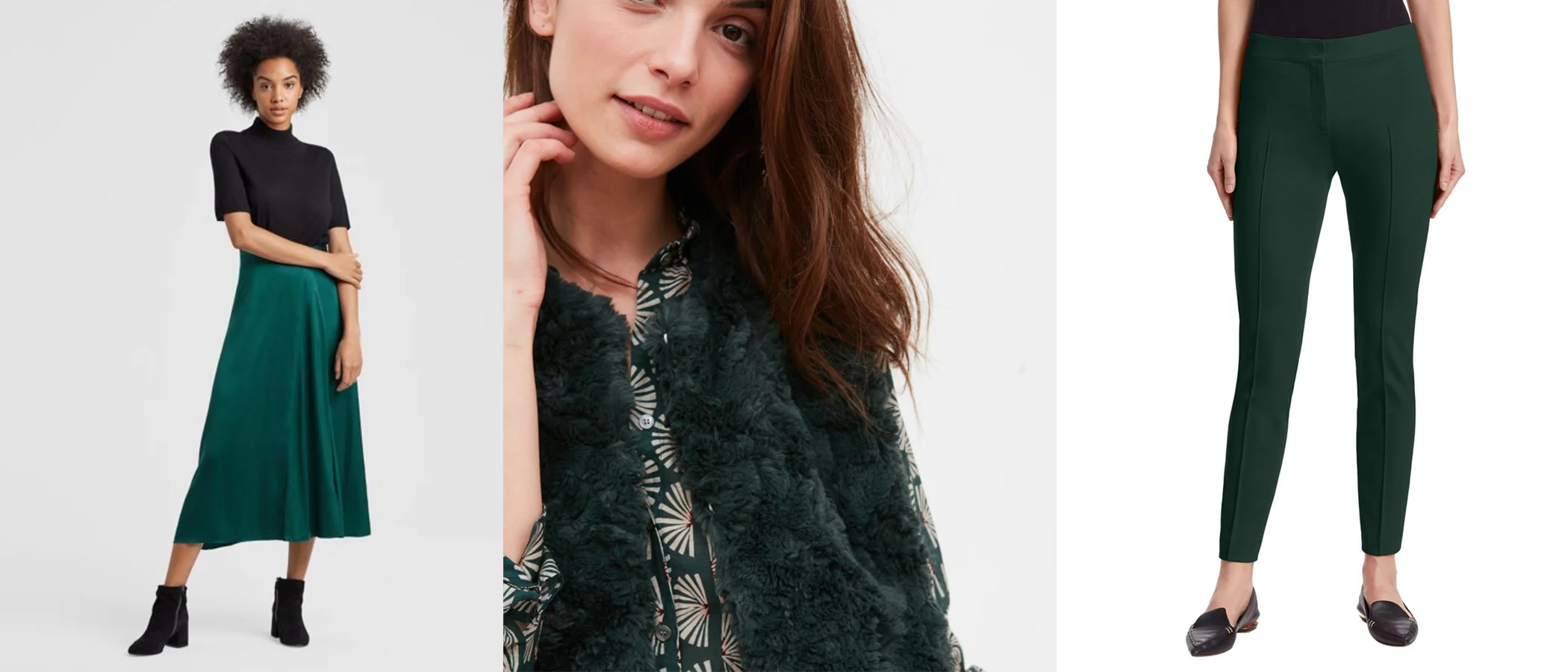 (L to R: Eileen Fisher Silk Skirt, Hartford Faux Fur Vest, Akris Punto Mara Pant)