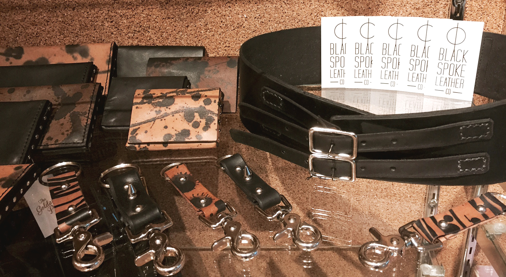 Display of Black Spoke Leather Co. goods at The Golden Pearl Vintage