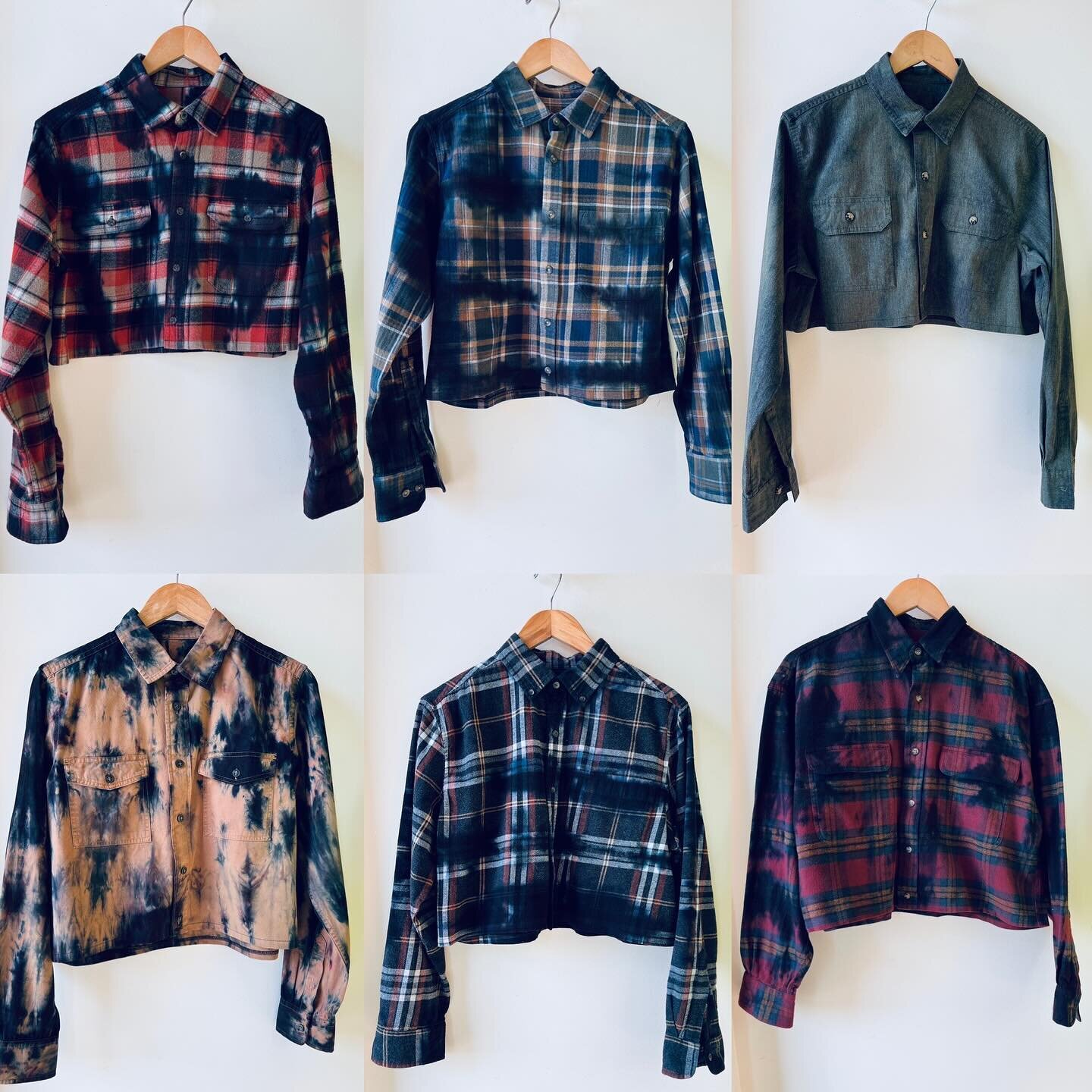 Dyed and cropped some flannel shirts. Now available at @thegoldenpearlvintage ✨🥲