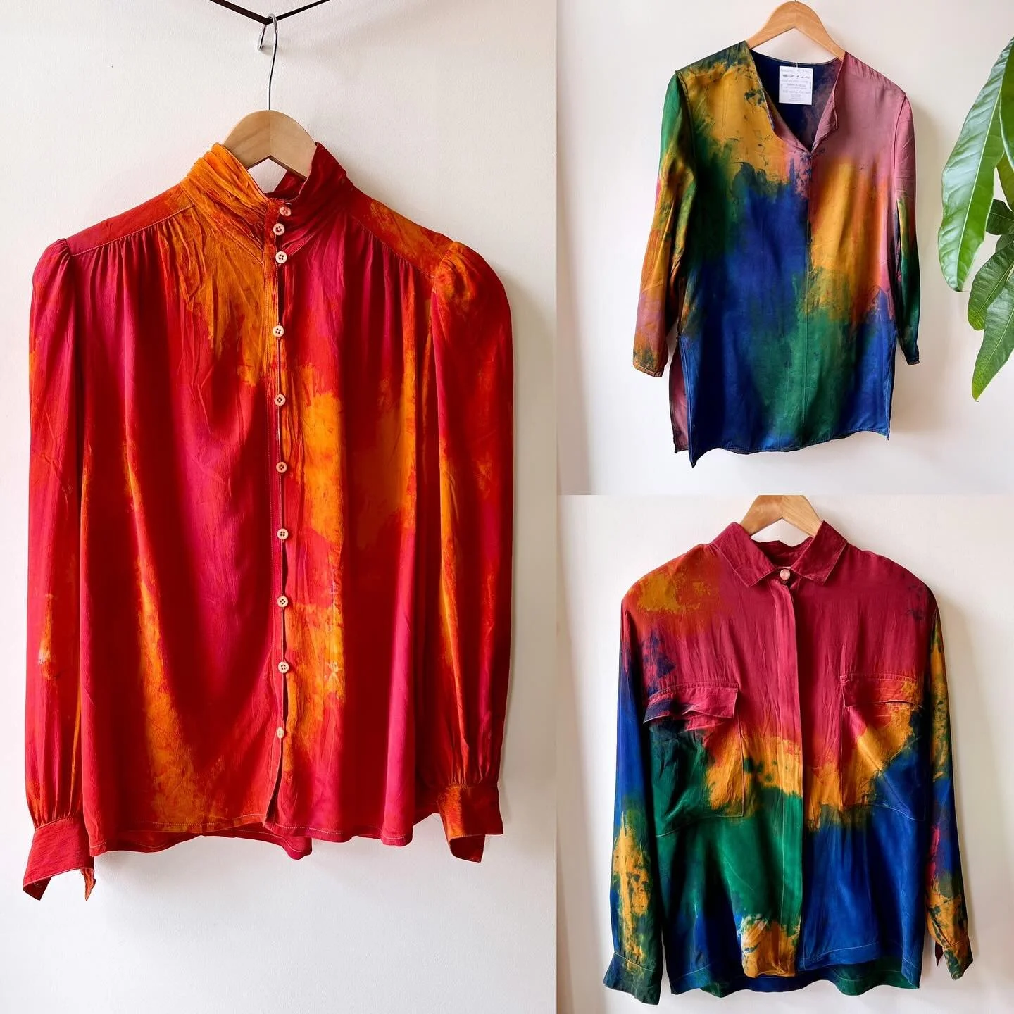 I forgot to post these! 😬🙃 Three hand-painted vintage silk shirts are now available at @thegoldenpearlvintage 🧡
Perfect for adding a huge splash &lsquo;o color to your fall wardrobe 💥