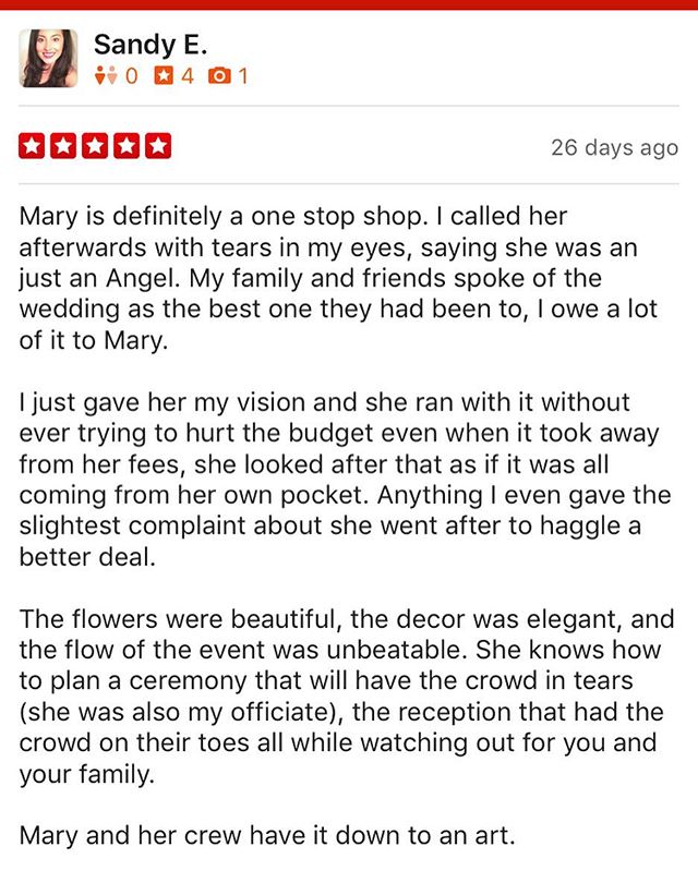 Testimony Tuesday! 🎉 Sandy had us in tears reminiscing about our time together planning and executing her big day. Her review is music to our ears because here at Elements of Style we truly put our heart and soul into each and every aspect of our ev