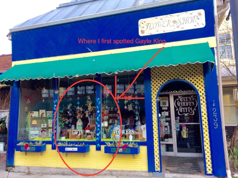 Where Gayle King was when I first spotted her. Approximate distance between us: one small-town street. In other words, too far.