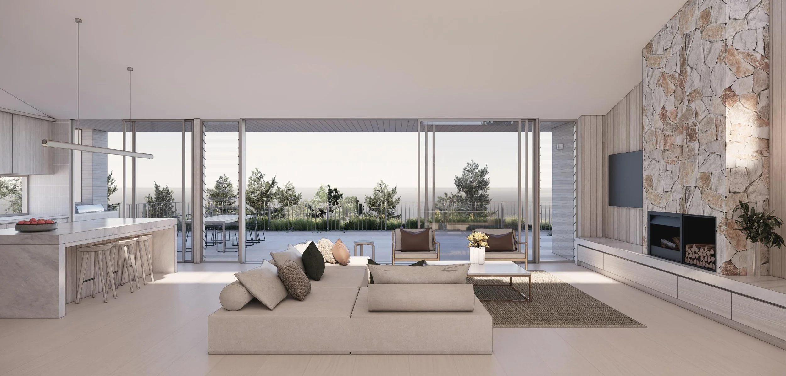 living and kitchen space with large balcony