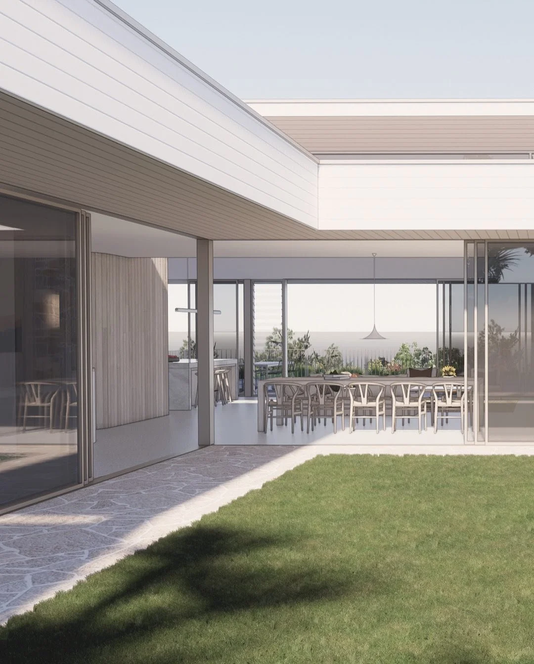 &lsquo;La Balena&rsquo; - The Whale, our latest house at Sunshine Beach. A beautiful elevated steep site on the hill overlooking the beach and national park. The house creates an elevated platform courtyard entry and cantilevers generous tiled decks 