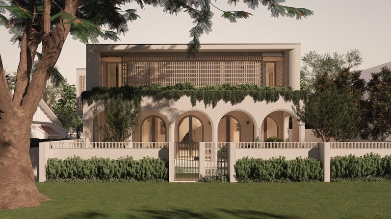 On the drawing board a new luxury home in Ascot, inspired by our clients love of the warmth and character of Mediterranean Architecture. This house features a layered mix of warm and textured materials, green planters, arches, curves, terracotta scre