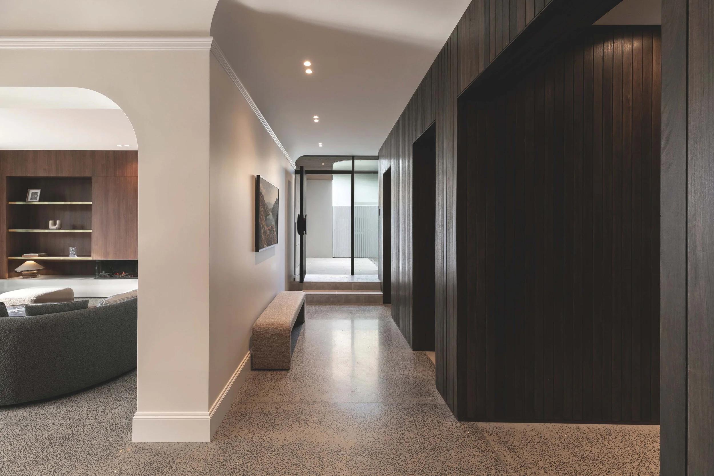 hall with balck timber walls