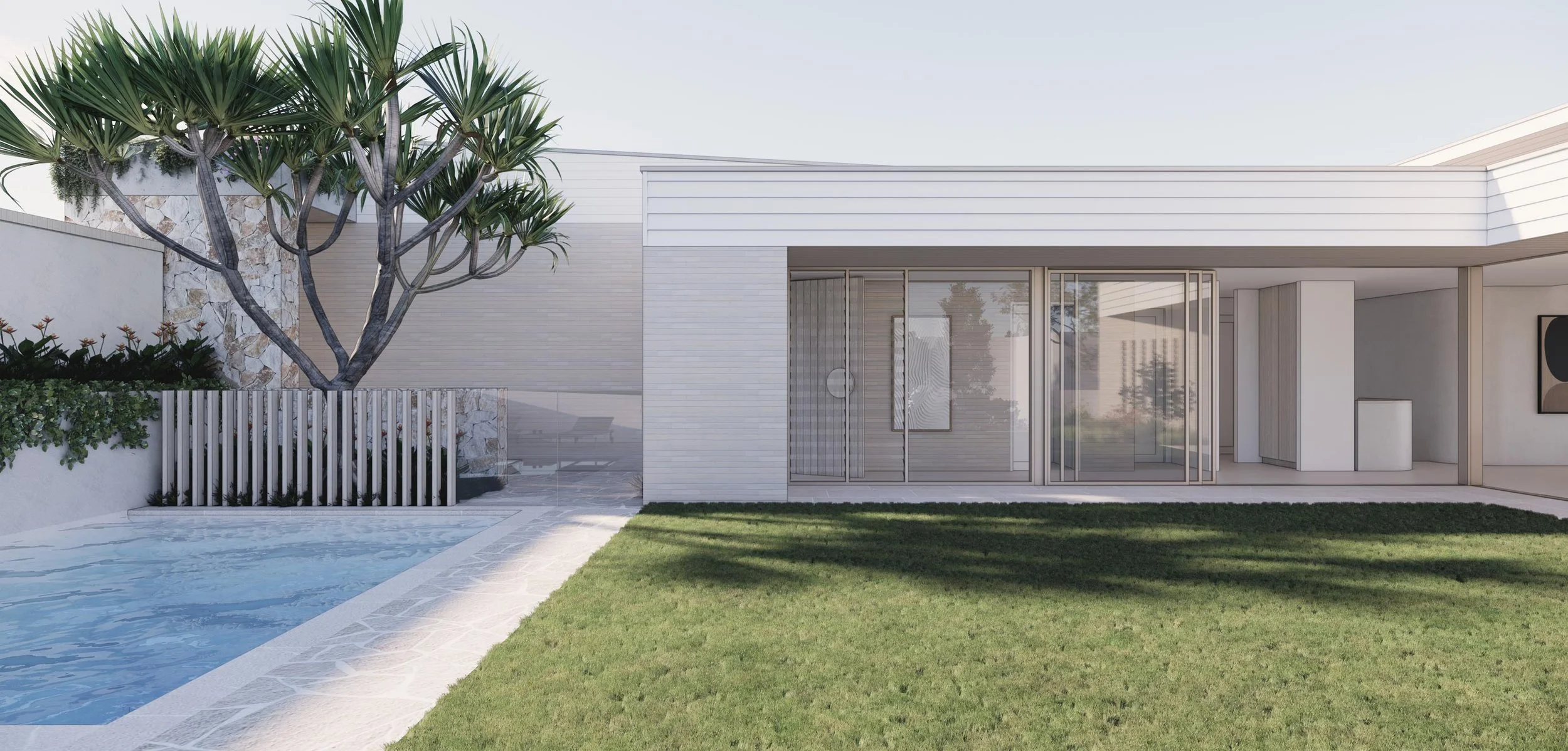 grass courtyard with swimming pool
