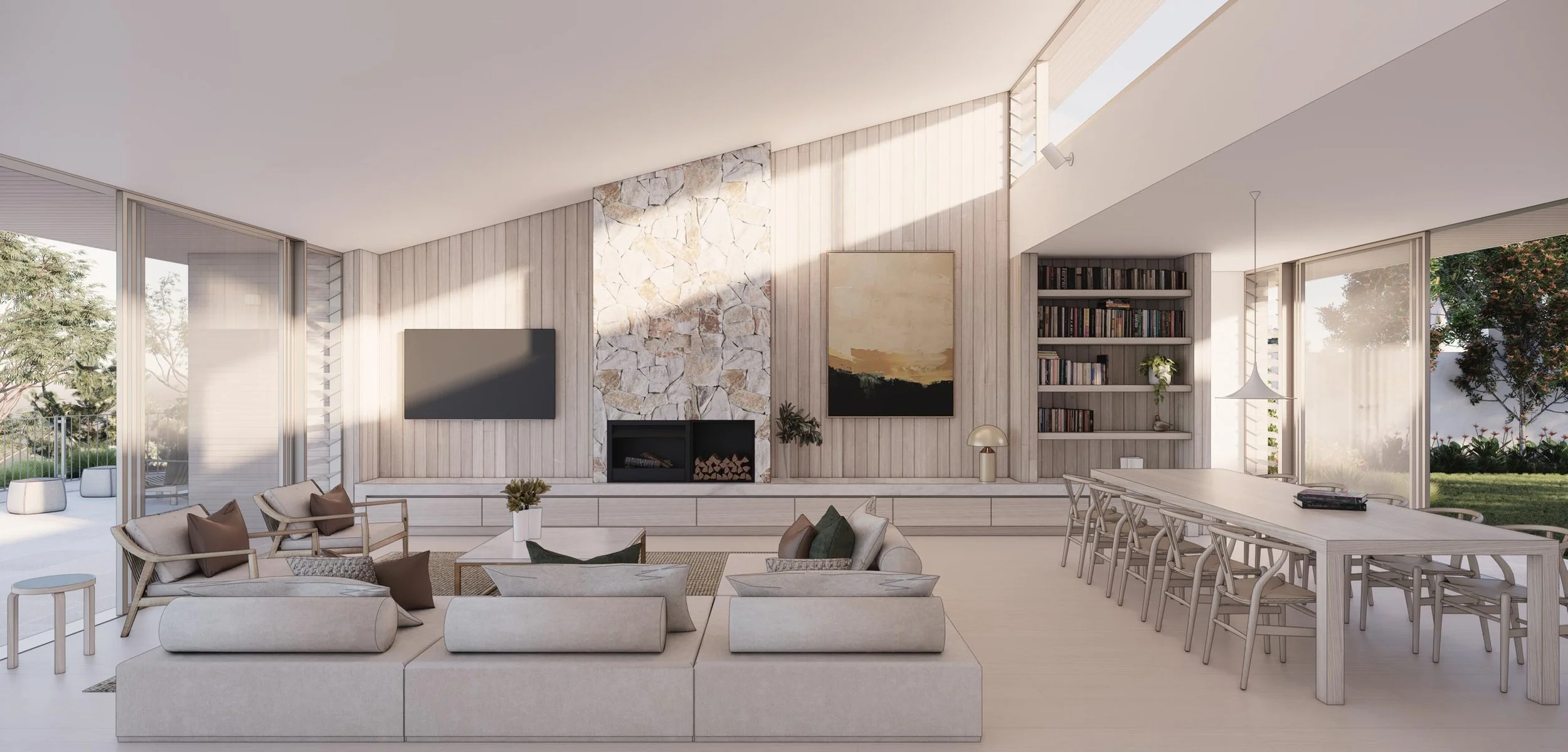 open plan living space with high raking ceiling
