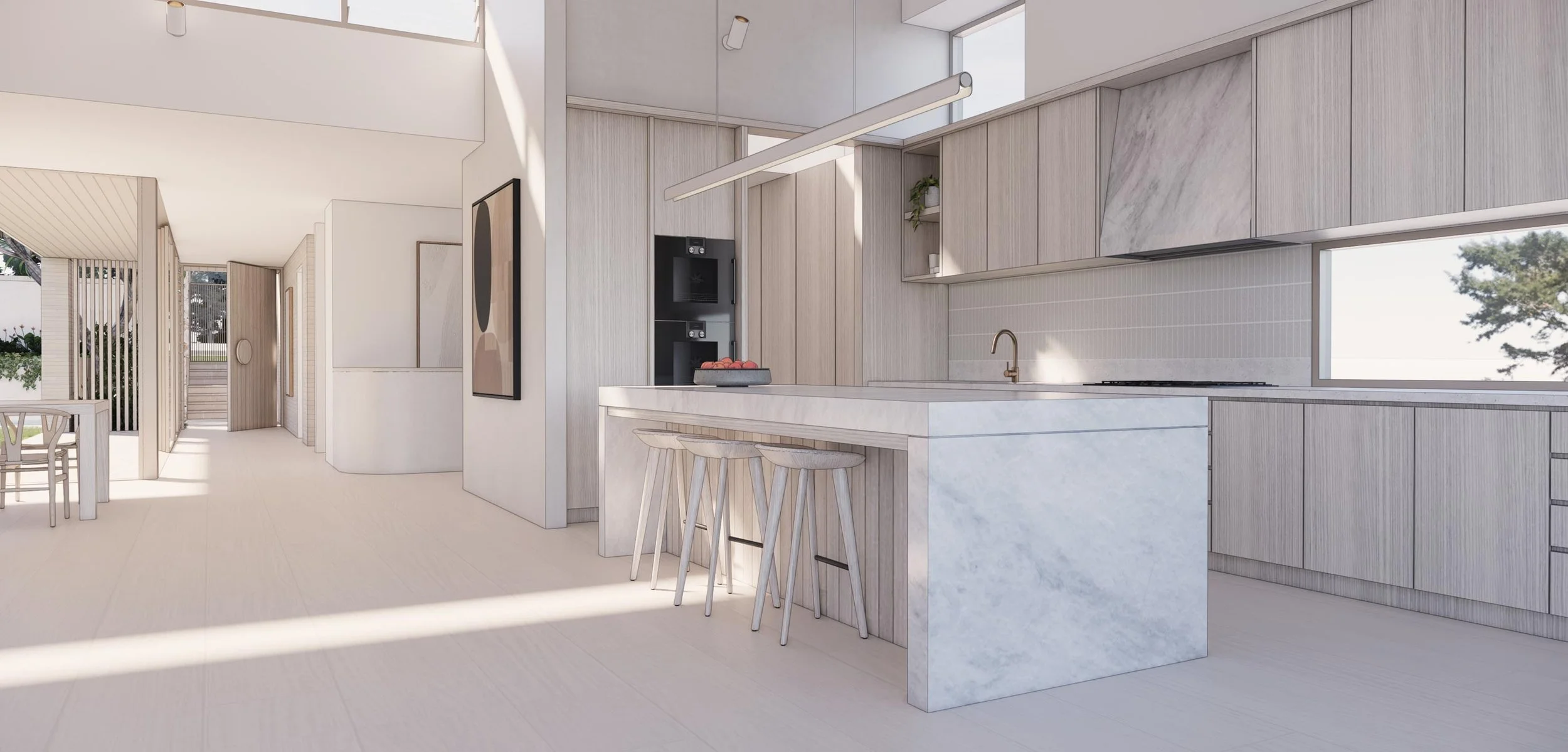 kitchen island bench with linear pendant over