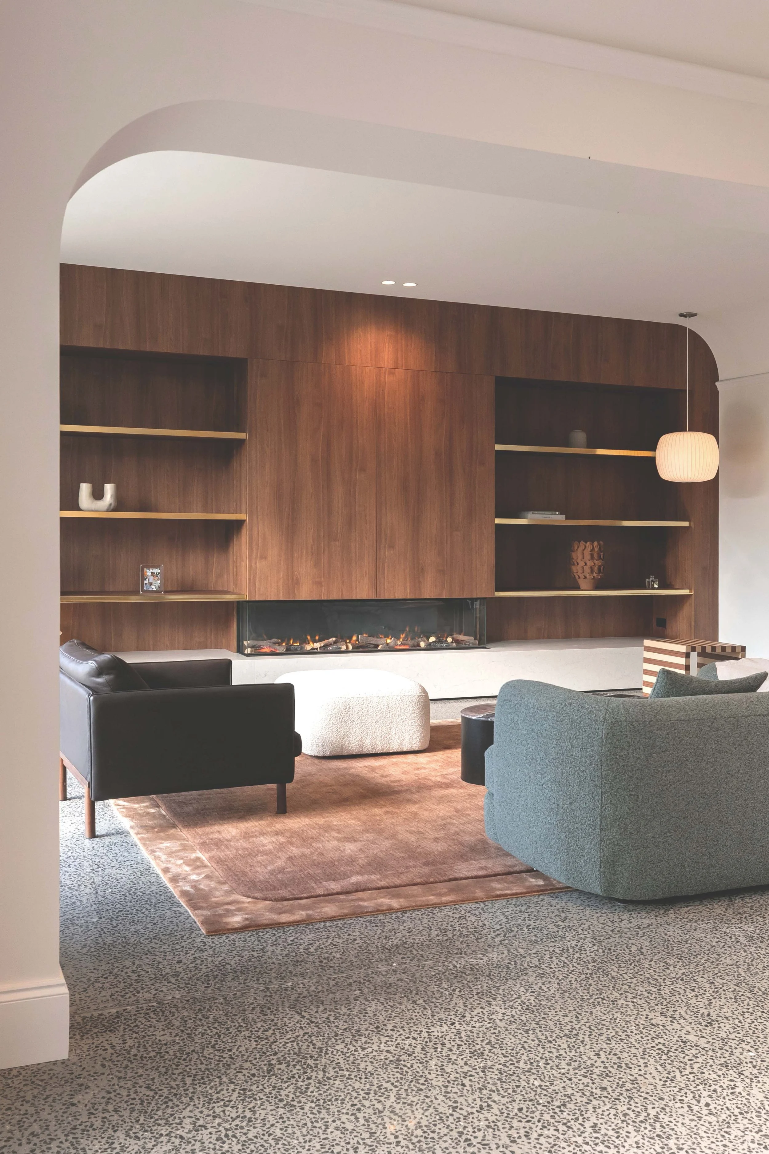 living room with fire place