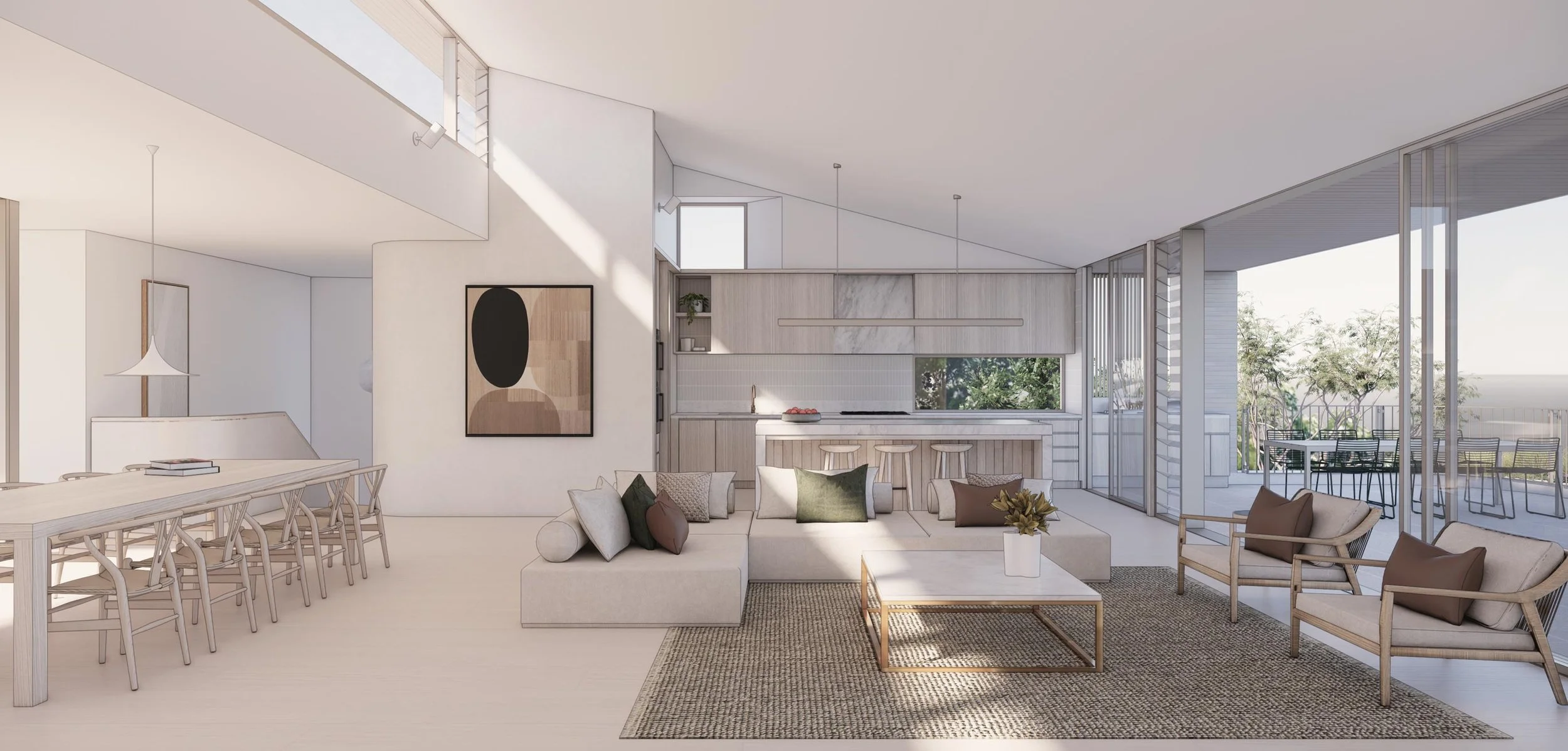 open plan living space with highlight windows