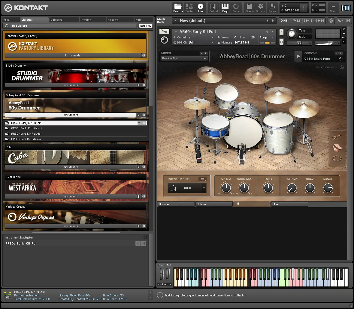 Kontakt sampler and Abbey Road 60s Drummer software.