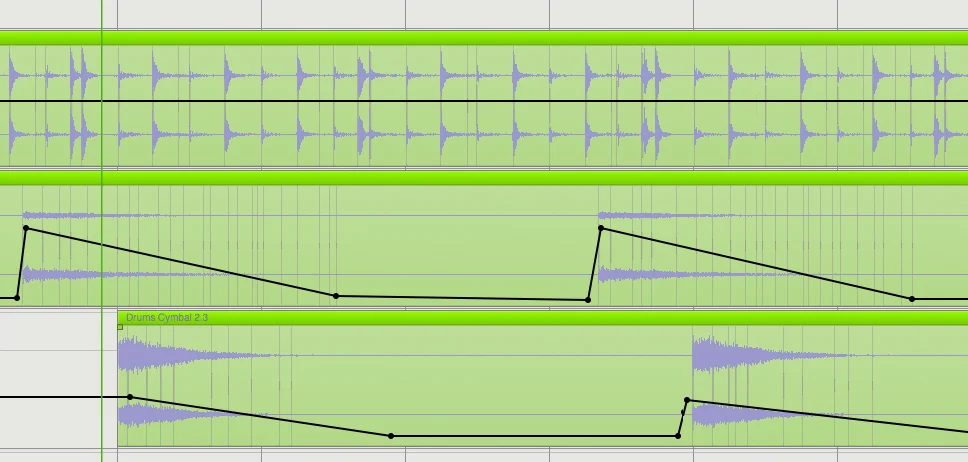 Drum tracks with symbols added and volume automation.