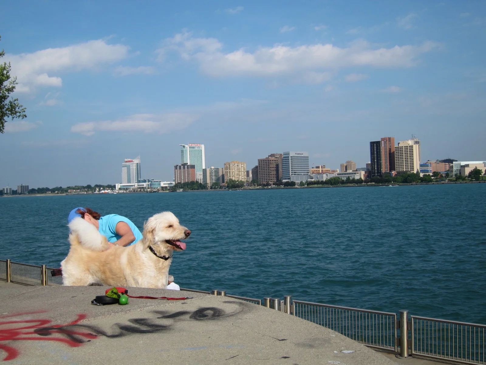 By the Detroit River. The other side of the river is Canada. Also a nice picture of a random person brushing her dog.