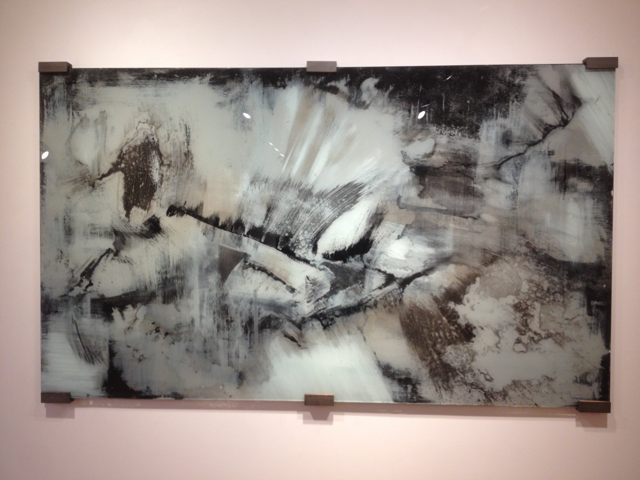 Black and White mixed medium painting on glass 58" x 20"