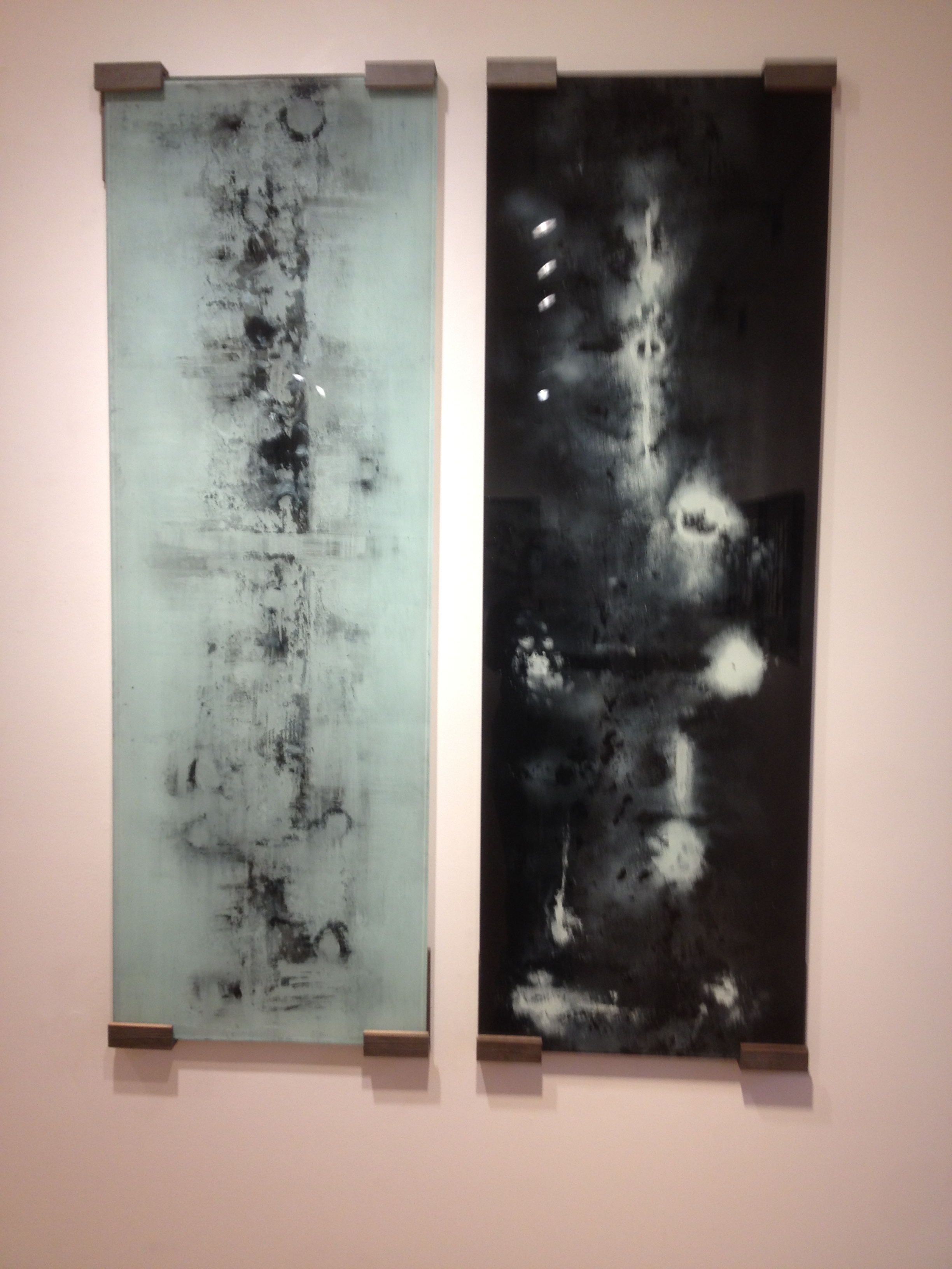 Black and White mixed medium glass paintings both 58" x 20" 