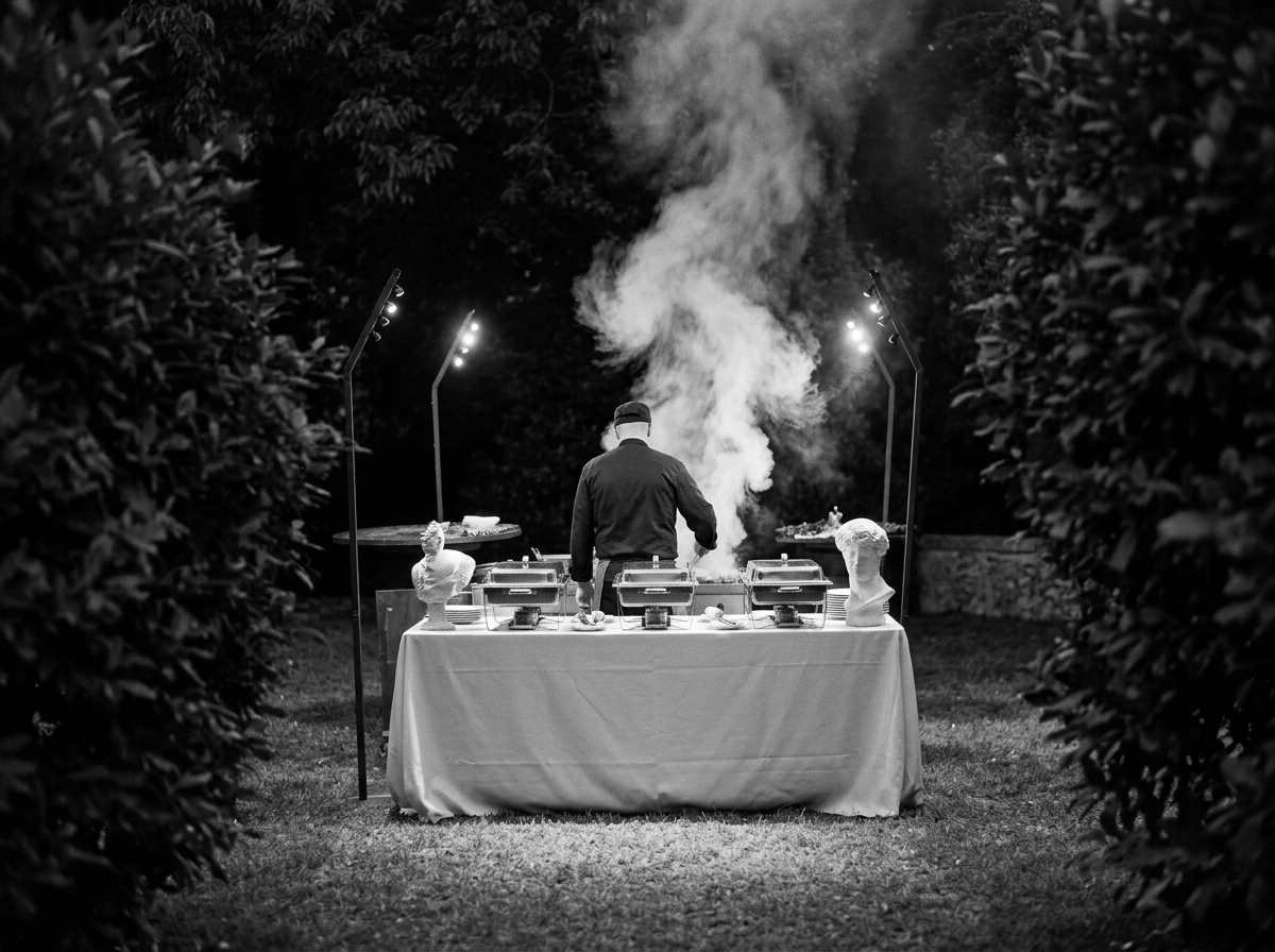 Outdoor night live cooking food station with private chefs and barbecue smoke at a luxury Tuscany wedding reception.