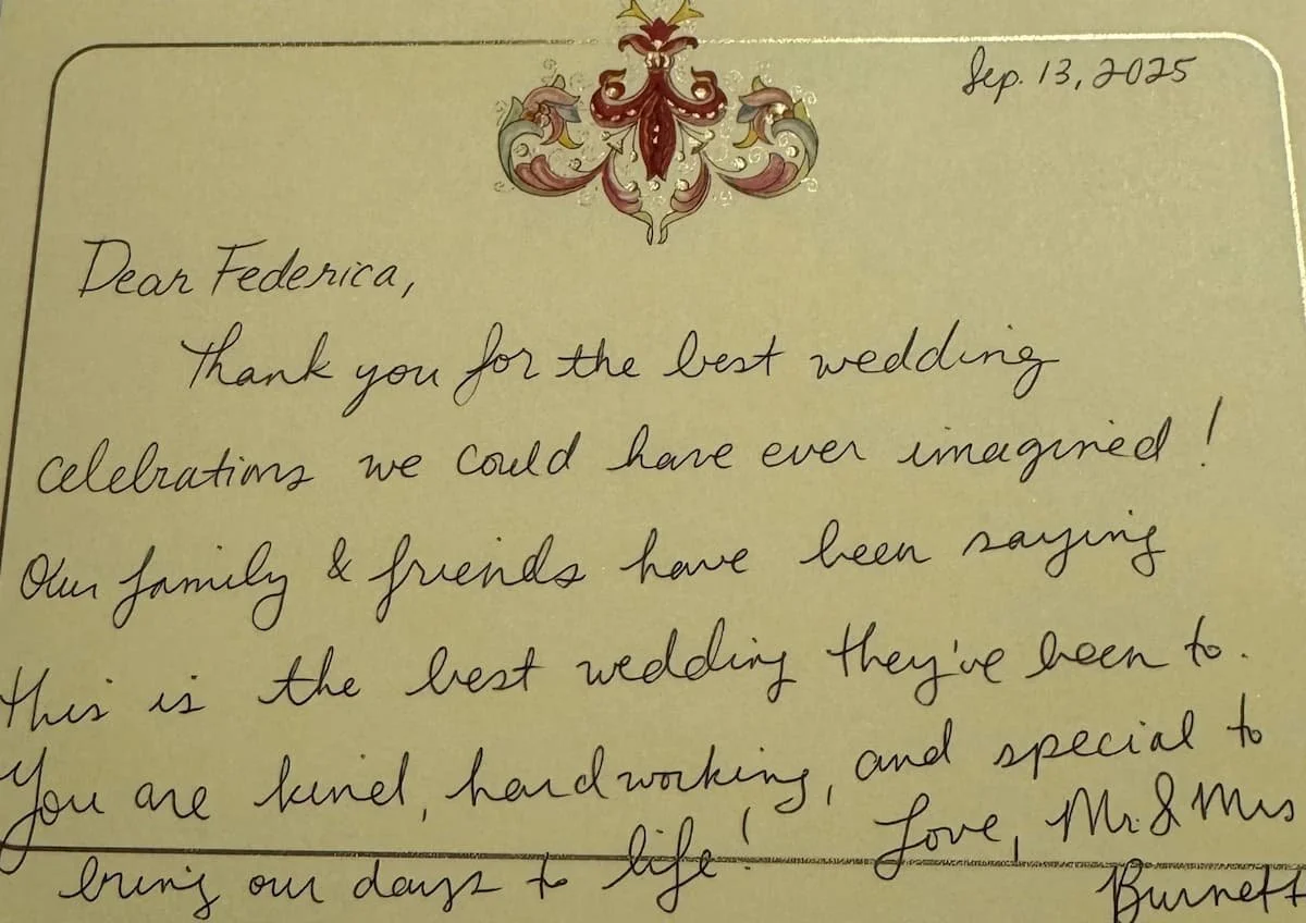 Handwritten thank-you note from bride and groom to wedding planner Federica on ornate cream stationery dated September 13, 2025.