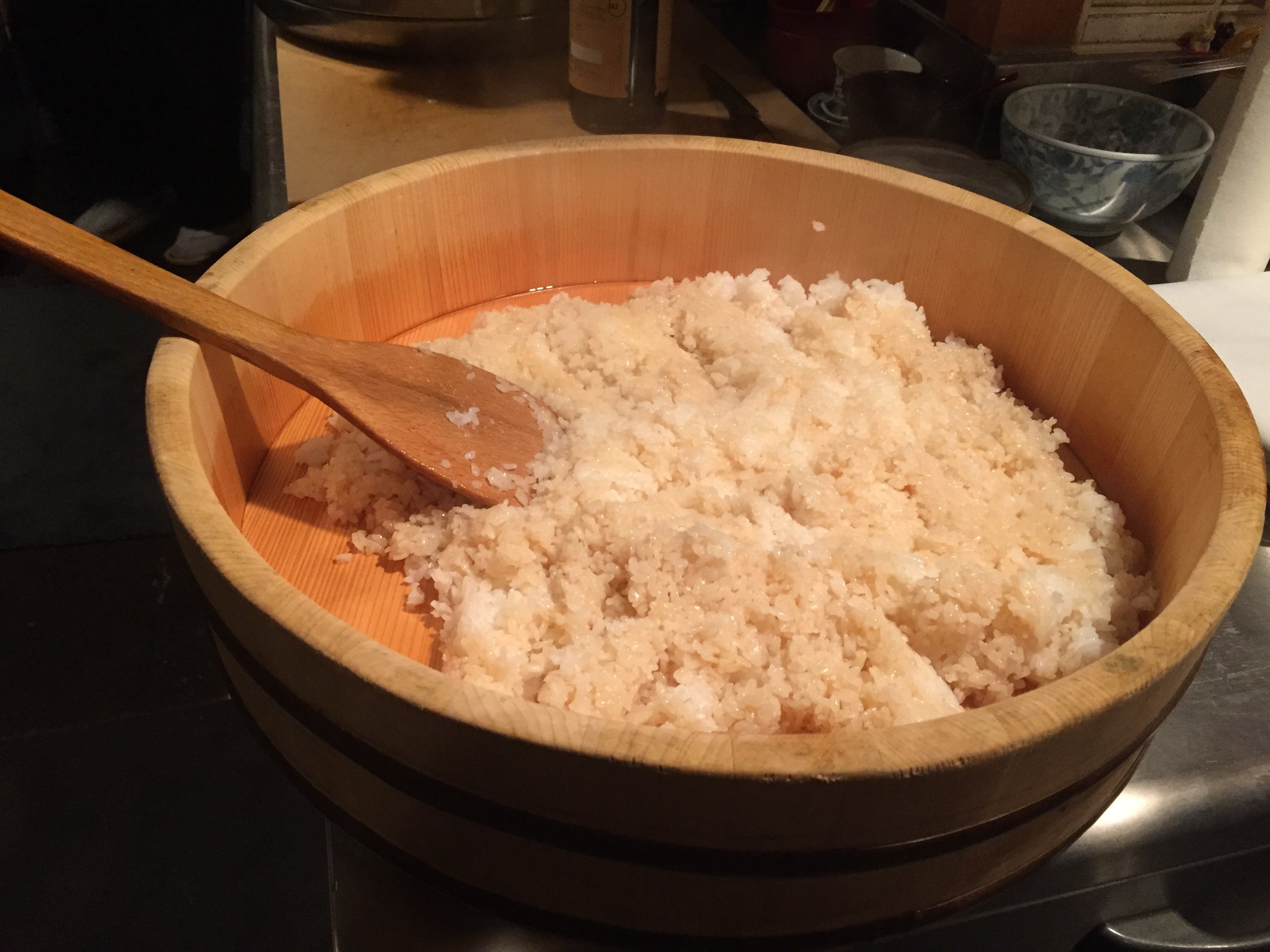 Rice used to make sushi is prepared by mixing the rice with vinegar. ©TOKI
