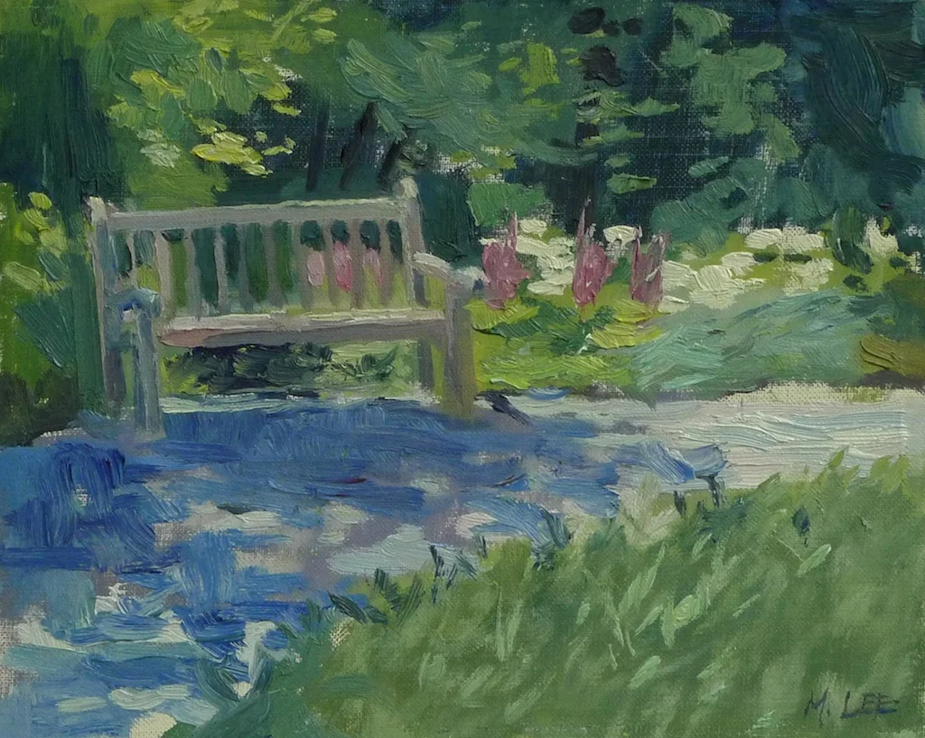 Lonely Bench in Summer- Dixon GardensI paint often at the Dixon Gardens. I love the blue shadows across the light colored gravel, and lush summer greens. This bench is waiting for you to sit and enjoy the garden.