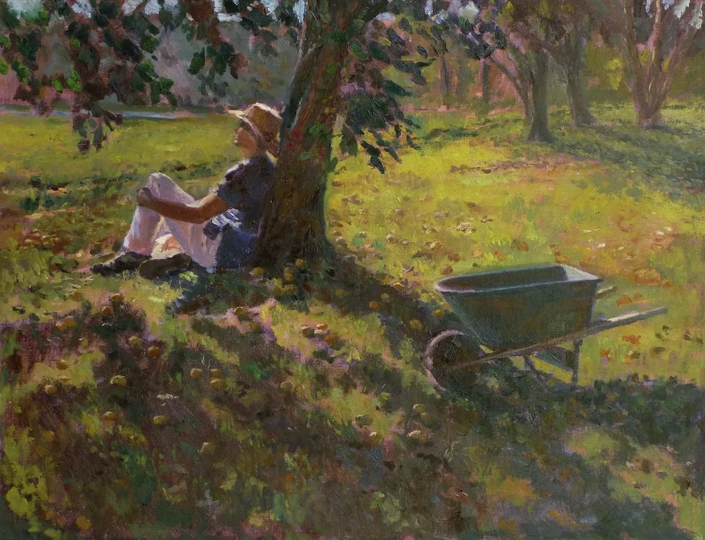 Self Portrait Under a Pear Tree I began this scene with a smaller "plein air" or on location painting. I then developed it into a larger study and added myself into the scene later.