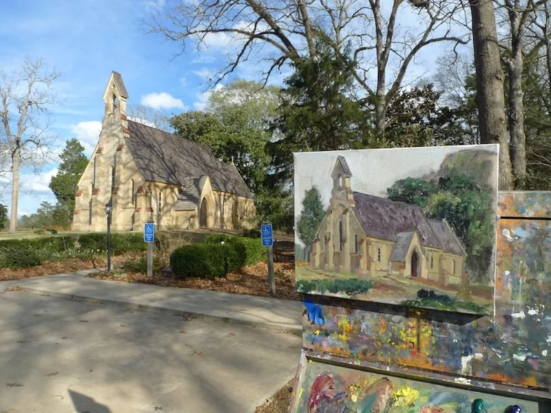Chapel of the Cross, Madison, MS. &nbsp;Plein Air painting in progress. &nbsp;11 x 14 in. oil. Matthew Lee.