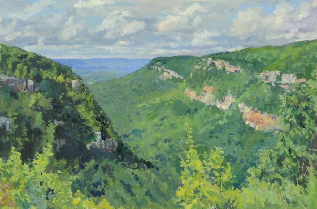 Matthew Lee- "Cloudland Canyon Overlook, Ga" 24 x 36 in. oil. This was created "en plein air"- over several days, at the same time each day.